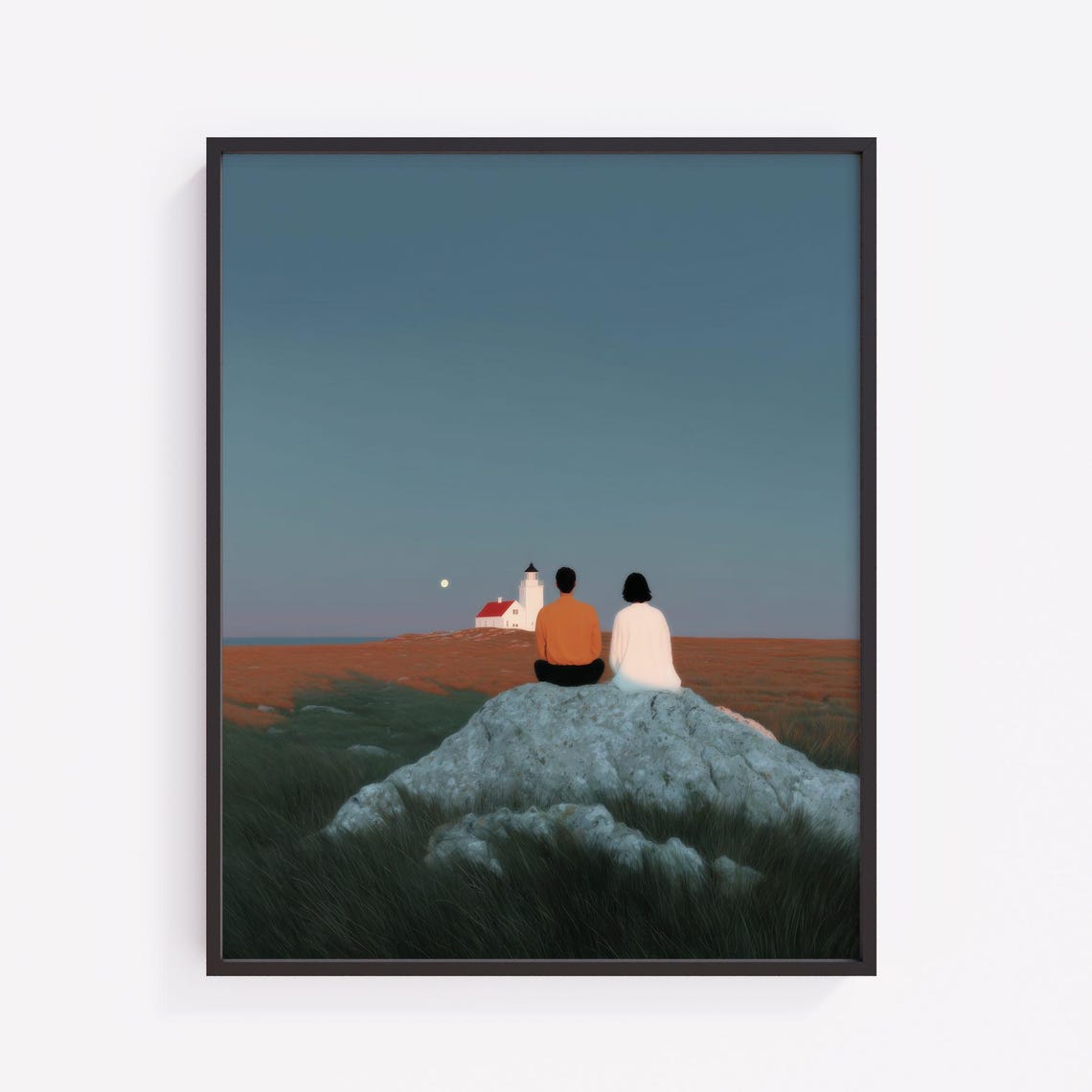 Couple Watching Lighthouse Minimalist Romantic Evening Sky Poster