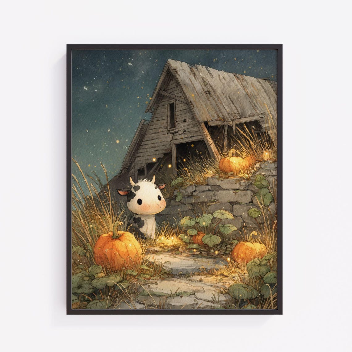 Cute Cow Calf Pumpkins Old Barn Night Watercolor Nursery Art Print