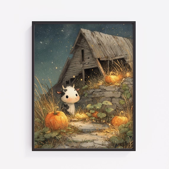 Chibi Cow Pumpkin Patch Art Rustic Halloween Print 4