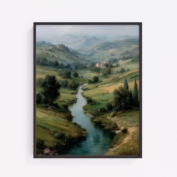 Misty River Landscape Print Vintage Countryside Wall Art V22
