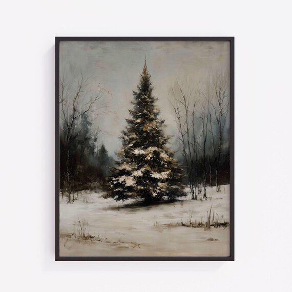 Snowdusted Evergreen Christmas Tree Art Moody Rustic Painting Vintage Festive Winter Scene Farmhouse Decor 464