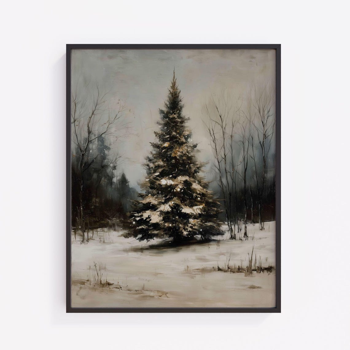 Snow Dusty Evergreen Tree Moody Winter Forest Rustic Painting Poster