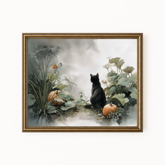 Black Cat Pumpkin Patch Art Vintage Autumn Landscape H250