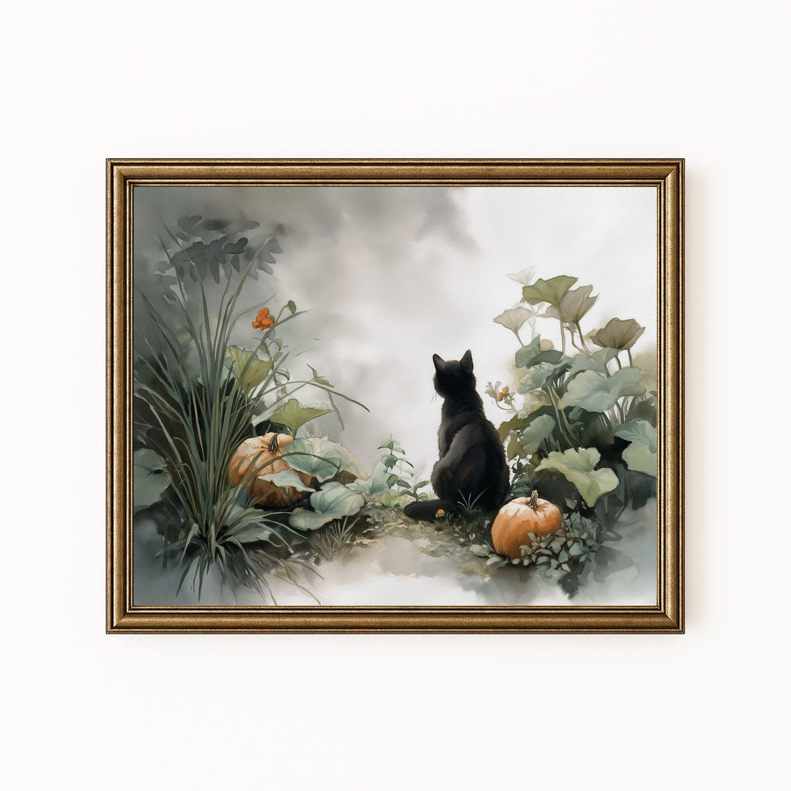Black Cat Pumpkin Garden Autumn Watercolor Cat Lover Art Poster