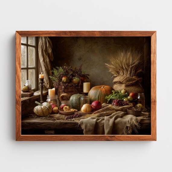 Autumn Harvest Still Life Painting Rustic Farmhouse Decor Moody Vintage Art With Pumpkins Gourds Fruits Cozy 389