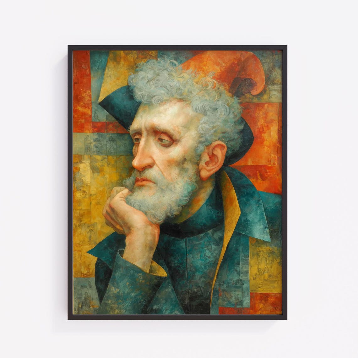 Vintage Elder Portrait White Bearded Man Mosaic Oil Painting Poster