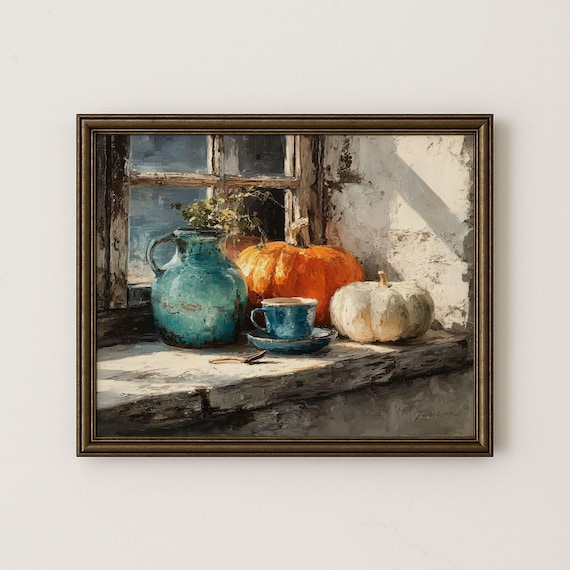 Rustic Window Pumpkin Fall Art Print Vintage Autumn Scene 186