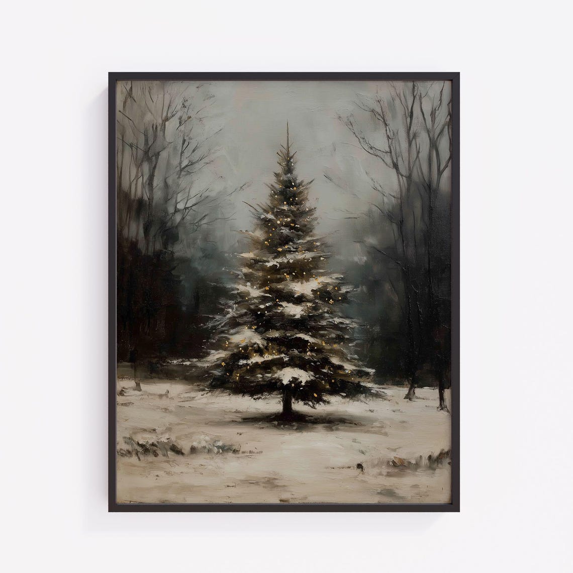 Snowy Pine Forest Misty Gray Winter Christmas Tree Vintage Oil Print
