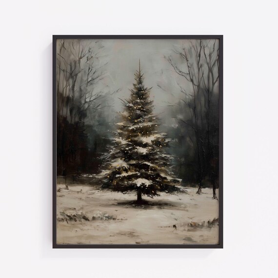 Snowy Pine Forest Misty Gray Winter Christmas Tree Vintage Oil Print