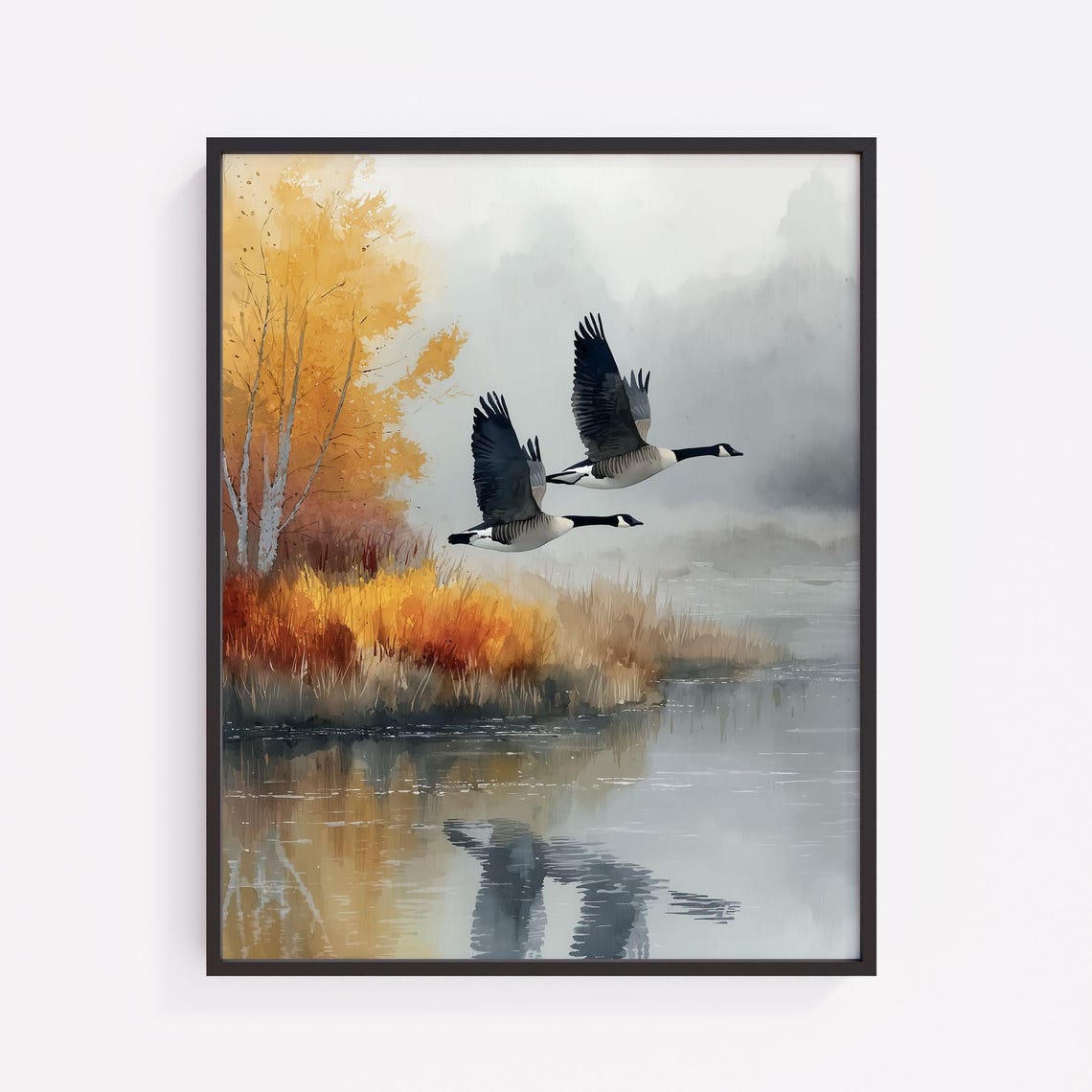 Canada Geese Flying Over Misty Autumn Lake Watercolor Poster