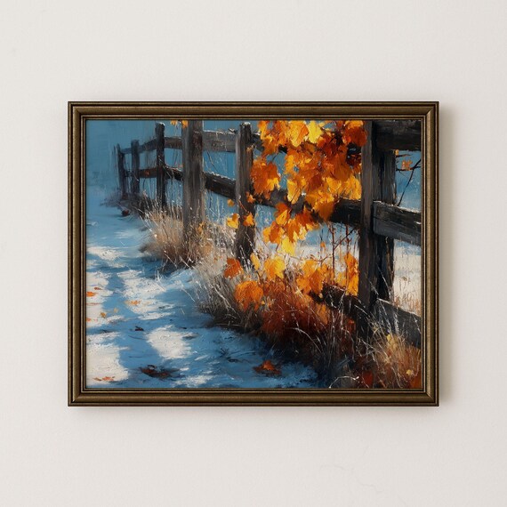 Snowy Rustic Fence with Amber Leaves Vintage Winter Landscape Poster