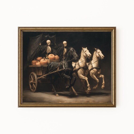 Vintage Skeleton Horse Halloween Art Print Pumpkin Wagon