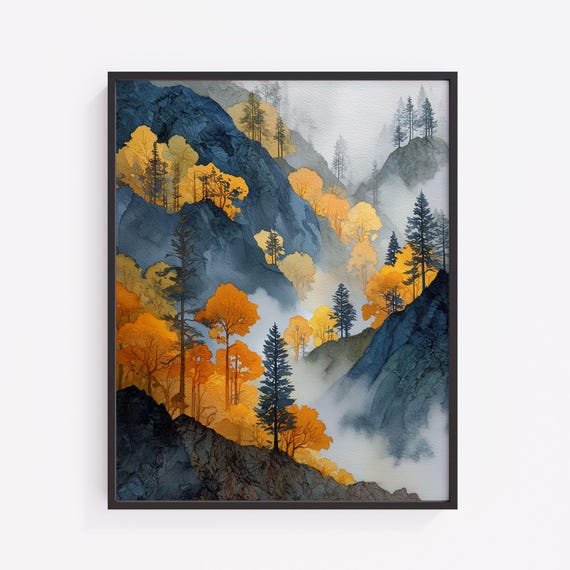 Misty Mountain Valley Watercolor Print Autumn Landscape Art V112