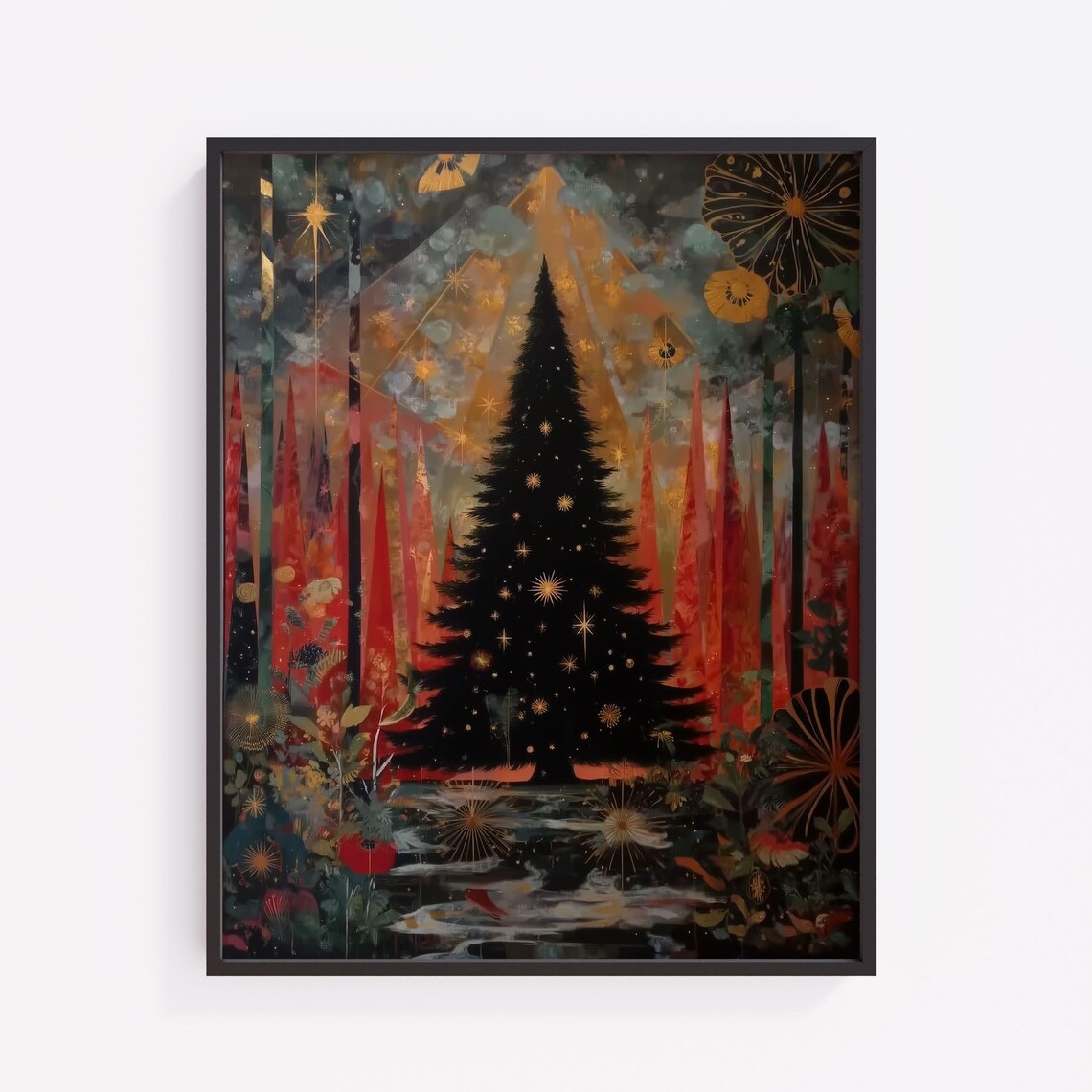 Folk Art Christmas Tree Gold Stars Whimsical Winter Fantasy Holiday Print