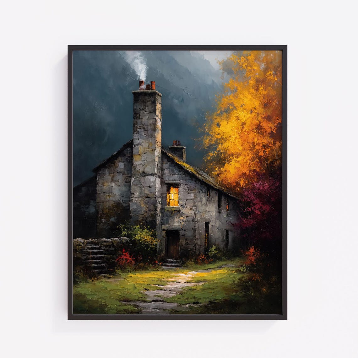 Stone Cottage at Dusk Glowing Window Autumn Painting Cozy Decor Poster