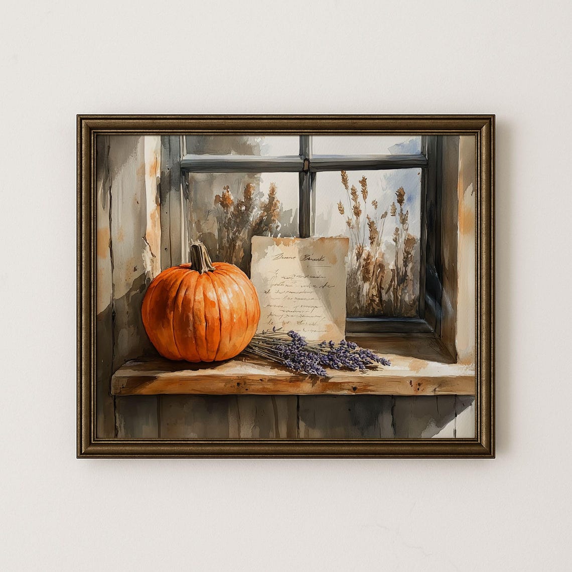 Orange Pumpkin Windowsill Watercolor Lavender Sprigs Autumn Poster