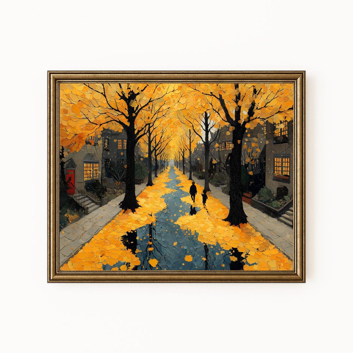 Golden Autumn Leaf Covered City Street Stroll Fall Oil Art Poster