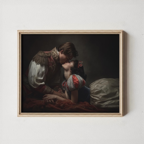 Romantic Princess And Princes Kiss Moody Fairytale Scene Vintage Dark Tones Dramatic Realistic Painting Wall Art 443