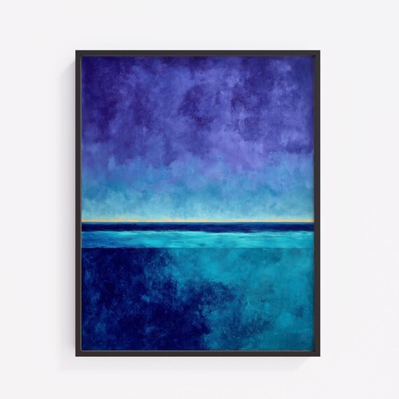 Blue Purple Abstract Waves Print Vintage Inspired Wall Art V12