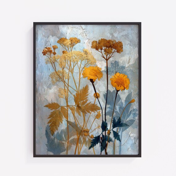 Autumnal Botanical Monoprint Golden Wildflowers Textured Blue Gray Print