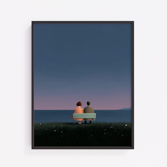 Romantic Sunset Couple Wall Art Serene Evening Landscape Tranquil Night Sky Minimalist Decor 276