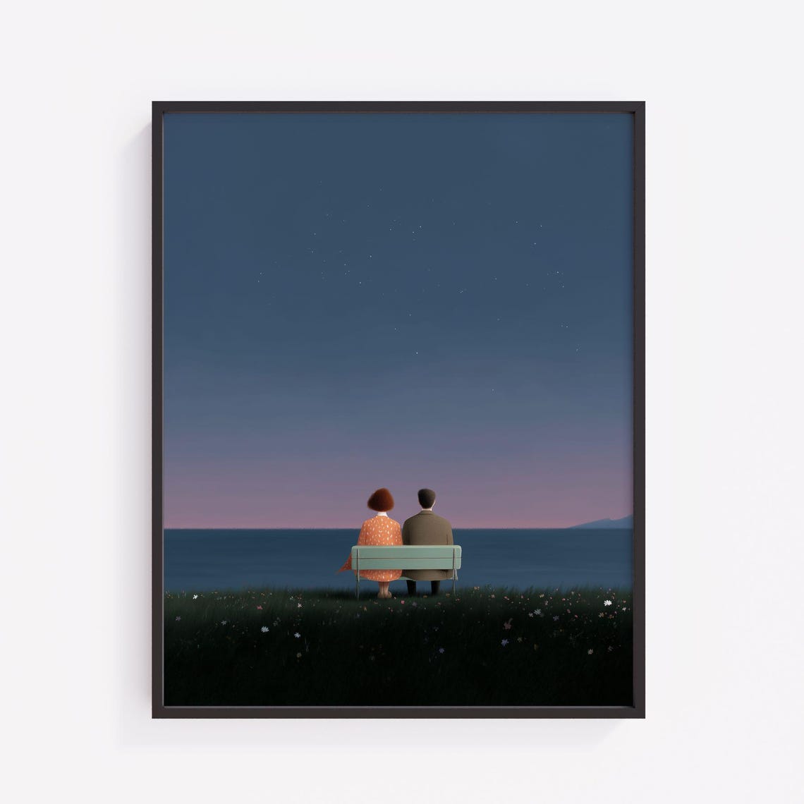Romantic Couple Starry Night Seaside Minimalist Bench Art Poster
