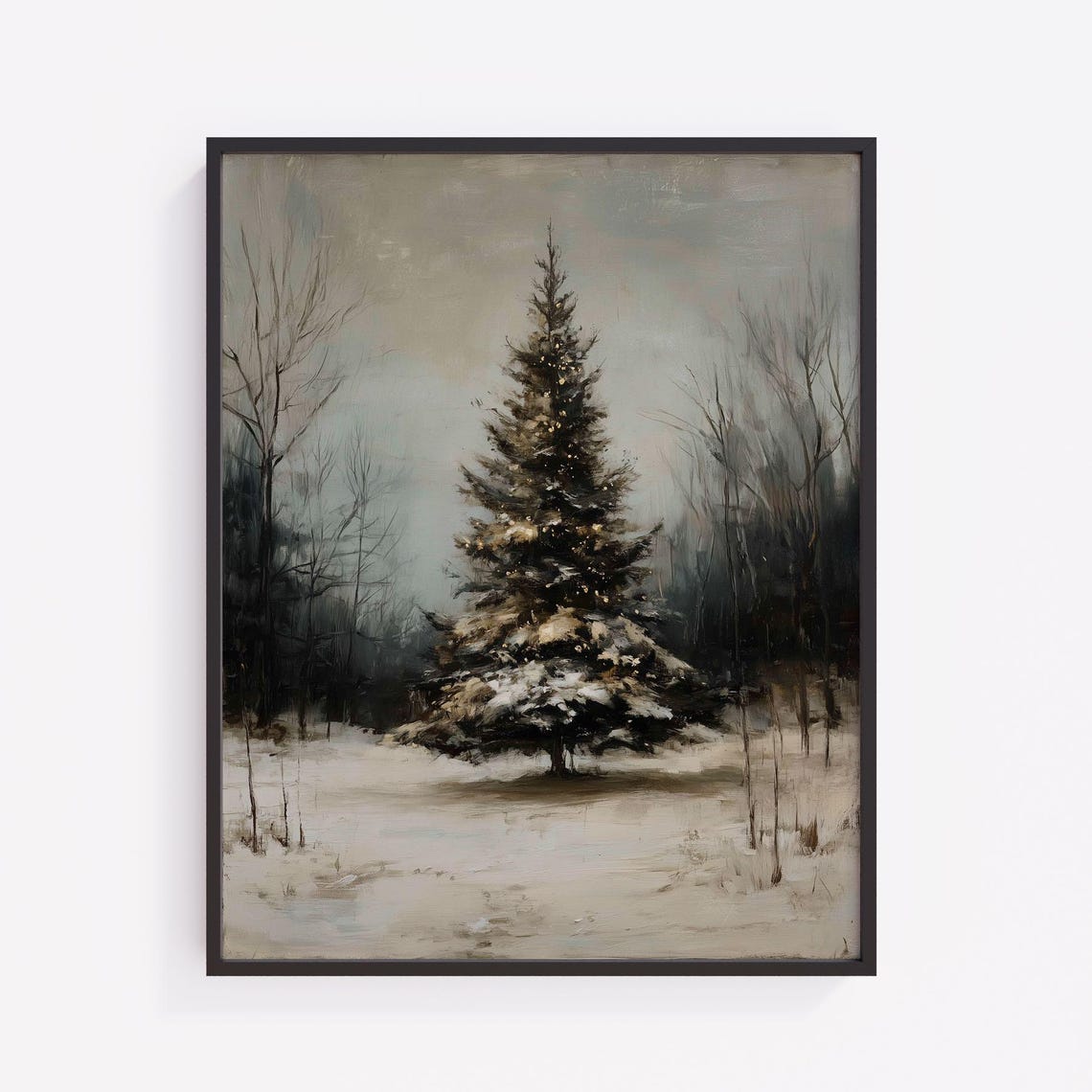 Snowy Evergreen Pine Tree Muted Winter Forest Landscape Art Poster