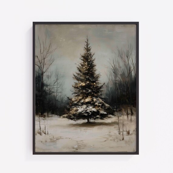 Moody Snowdusted Christmas Tree In Wintry Landscape Rustic Festive Vintage Style Misty Forest And Snowy Clearing Art 443