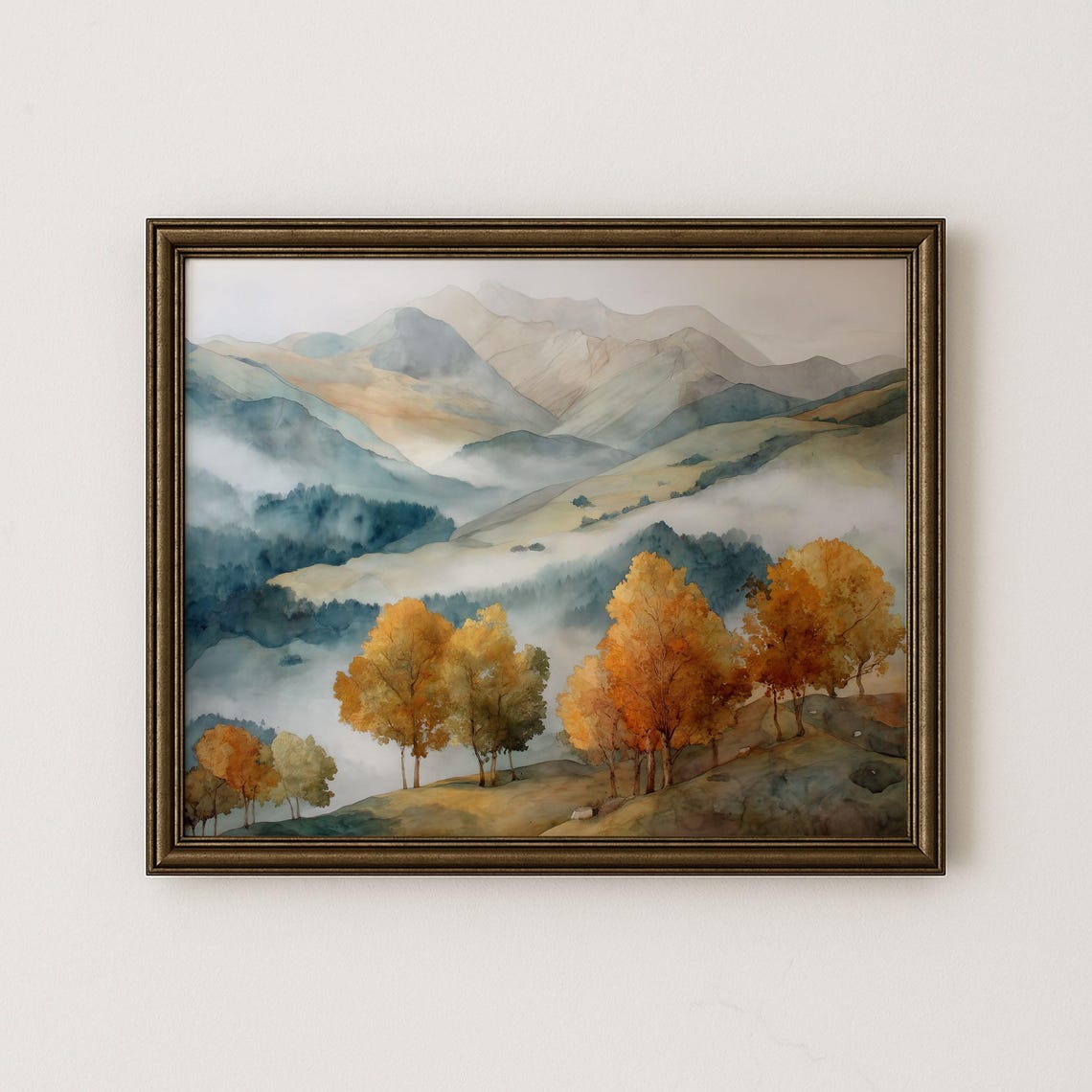 Golden Autumn Trees Misty Valley Soft Watercolor Landscape Art Poster