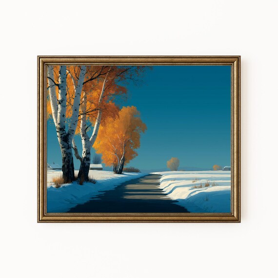 Snowy Winter Birch Road Sunset Seasonal Landscape Artwork Poster