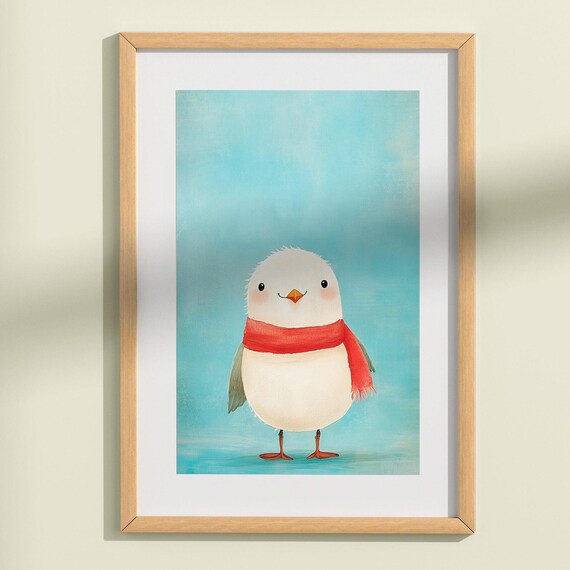 Cute Seagull with Red Scarf Watercolor Kids Room Bird Art Poster