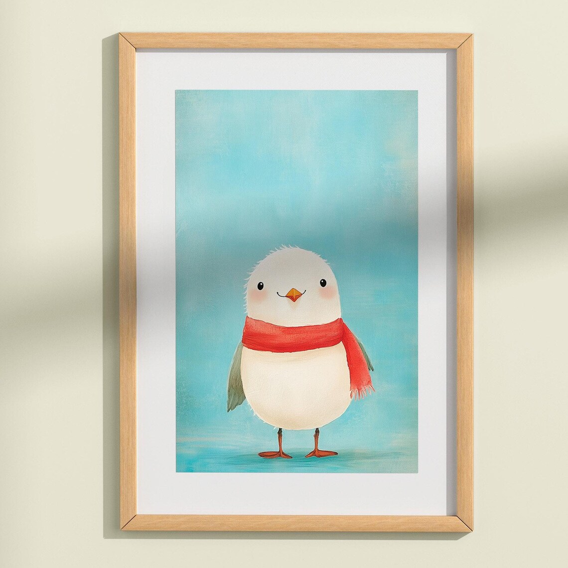 Cute Seagull with Red Scarf Watercolor Kids Room Bird Art Poster