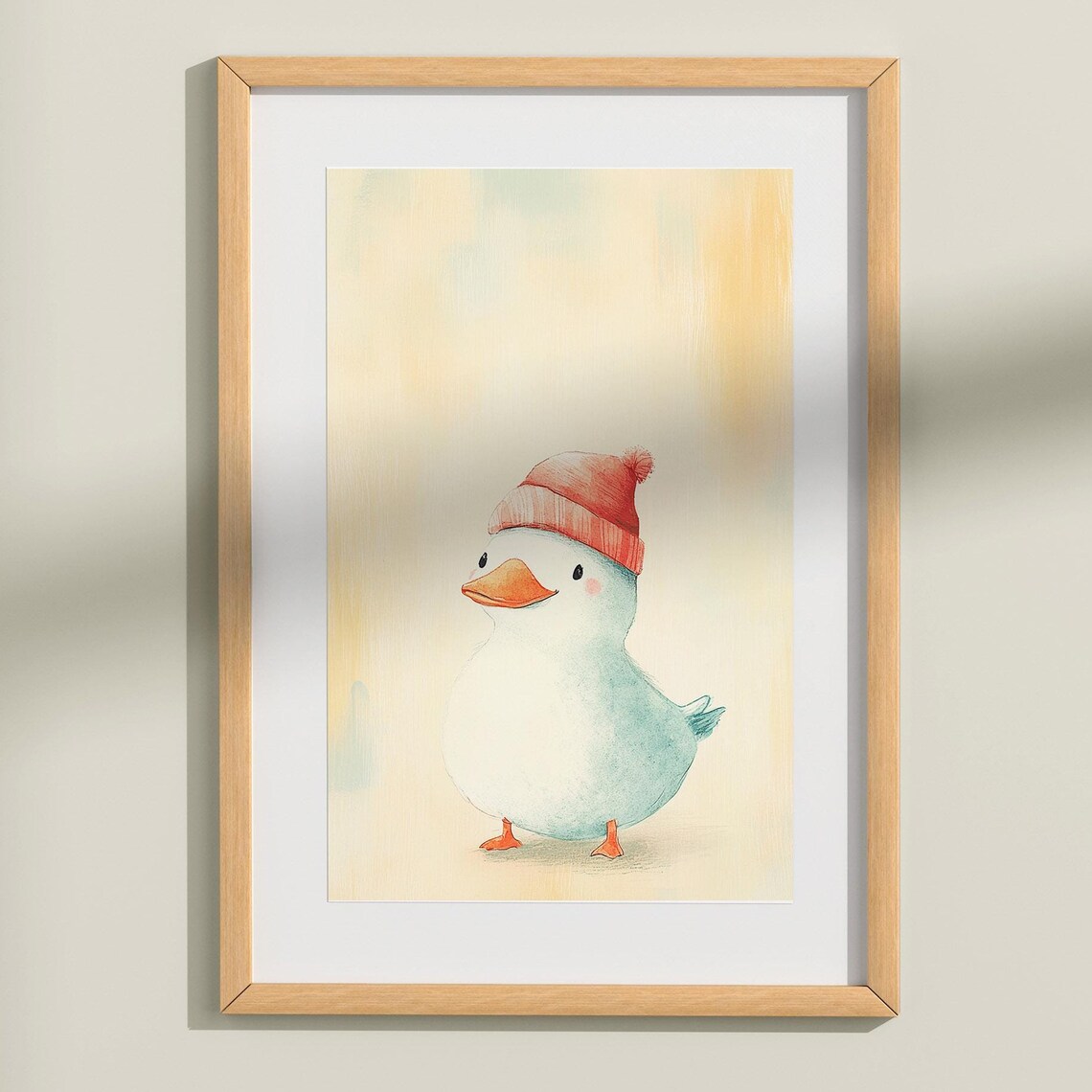 Cute Duckling with Red Beanie Watercolor Kids Room Art Poster