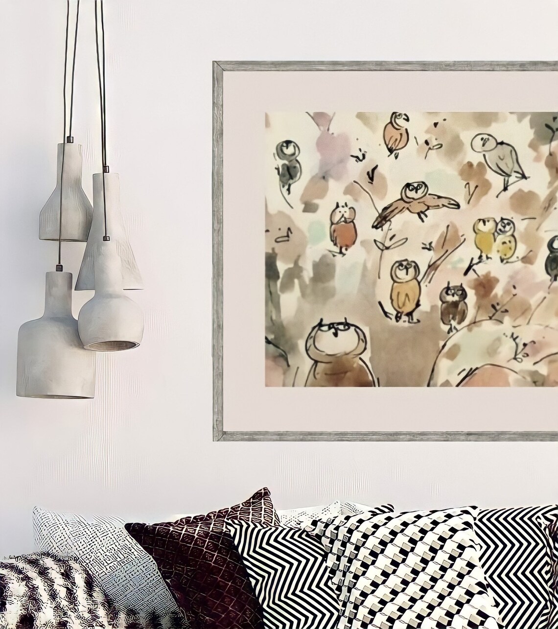 Whimsical Owl Gathering Colorful Loose Ink Wash Funny Art Poster - Image 5