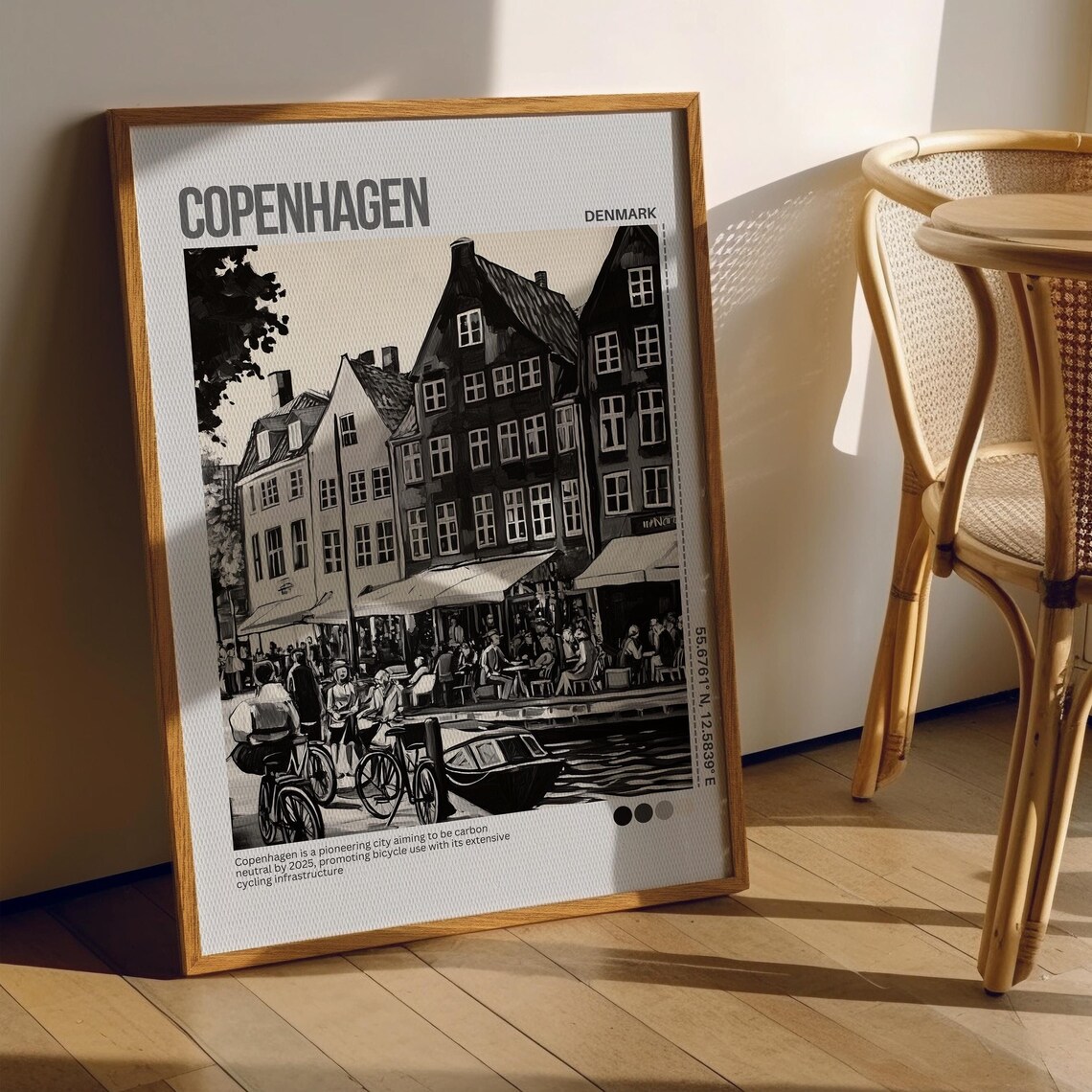 Copenhagen Denmark Black and White Nyhavn Canal Travel Poster