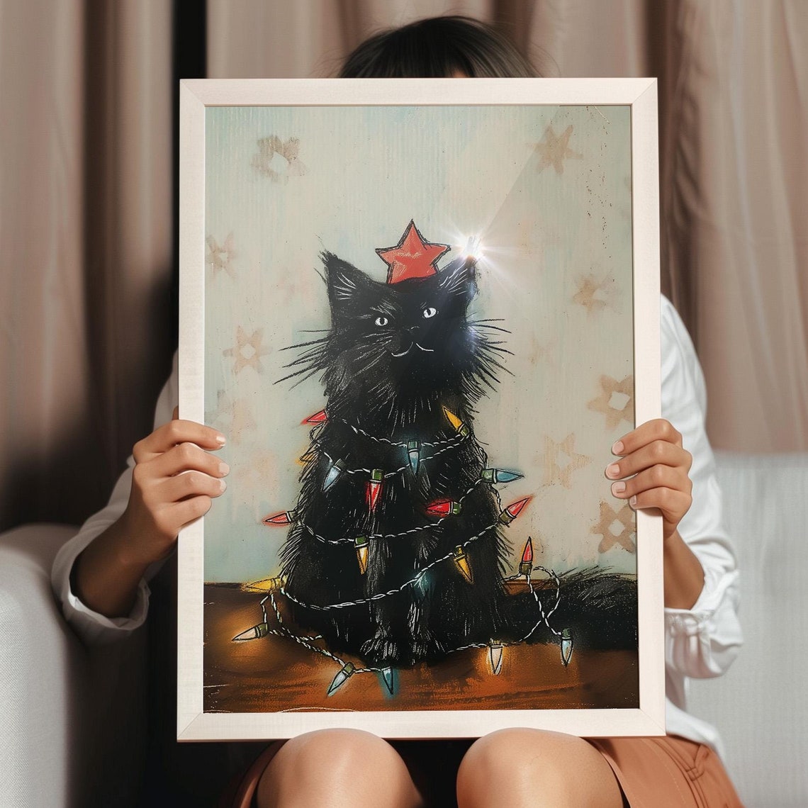 Funny Black Cat Wrapped In Christmas Lights Star Holiday Wall Art