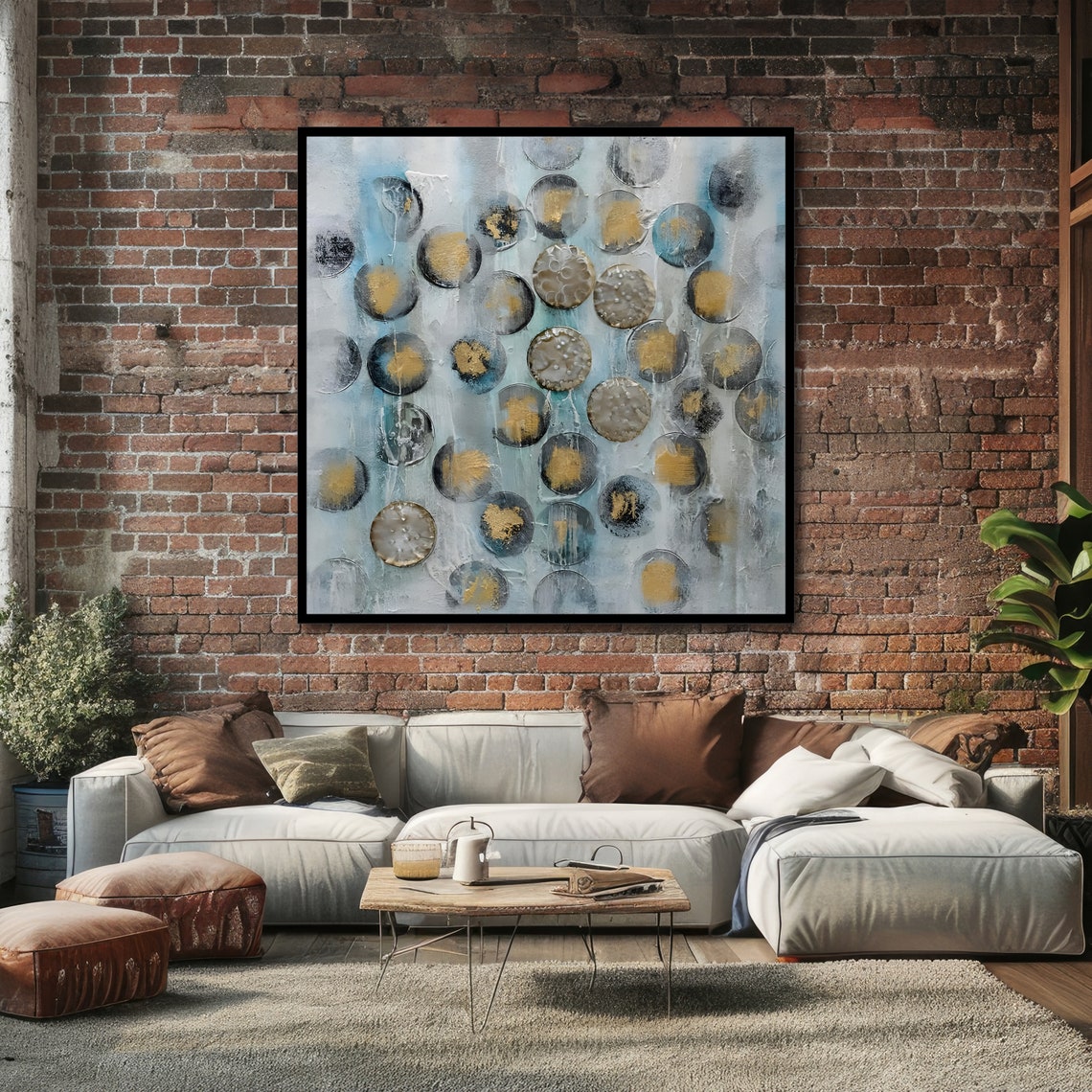 Modern Abstract Circles Contemporary Wall Art Blue And Gold Geometric Print Wall Art Design Ready To Hang Decoration - Image 6