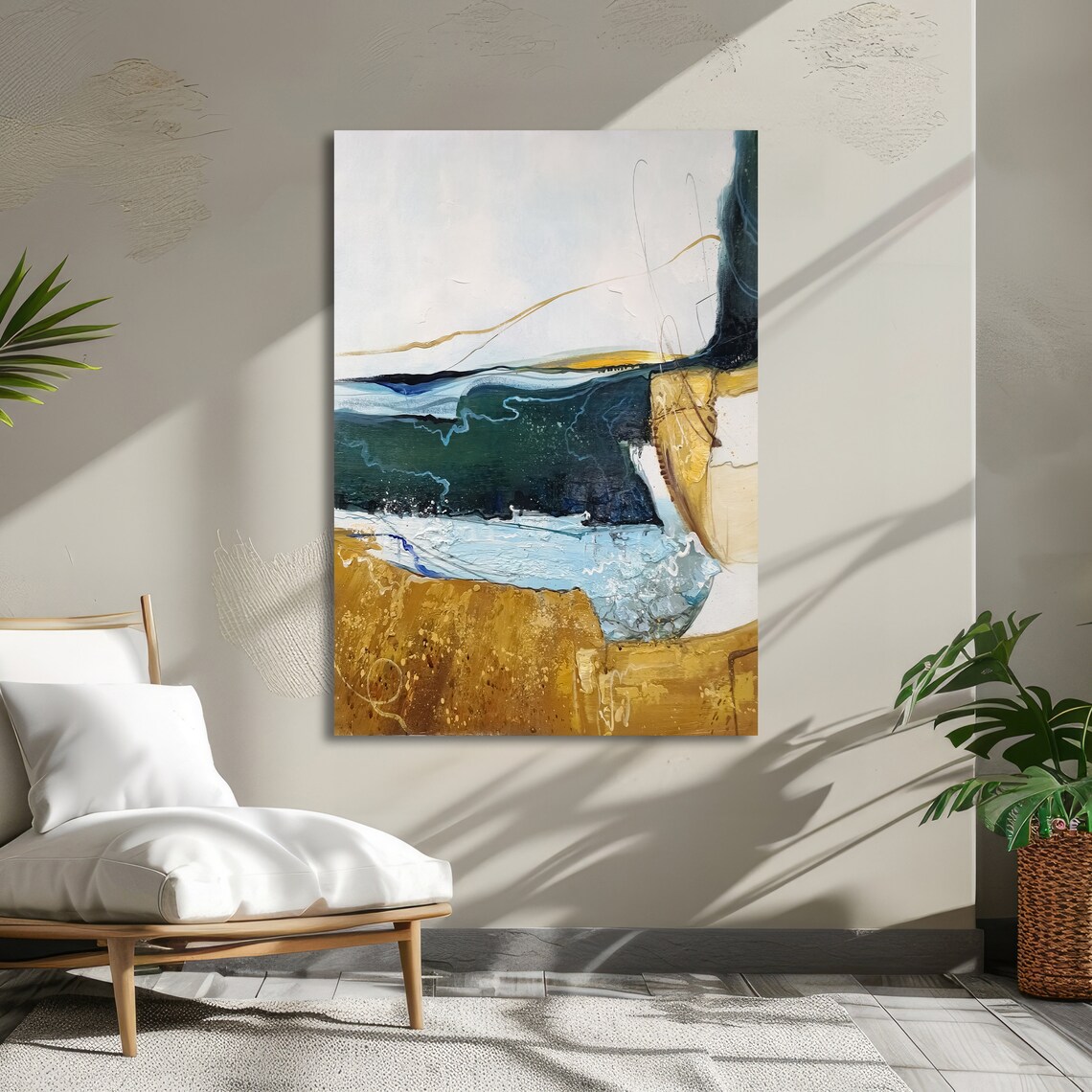 Abstract Coastal Ocean Waves Painting in Blue and Gold Tones Poster - Image 2