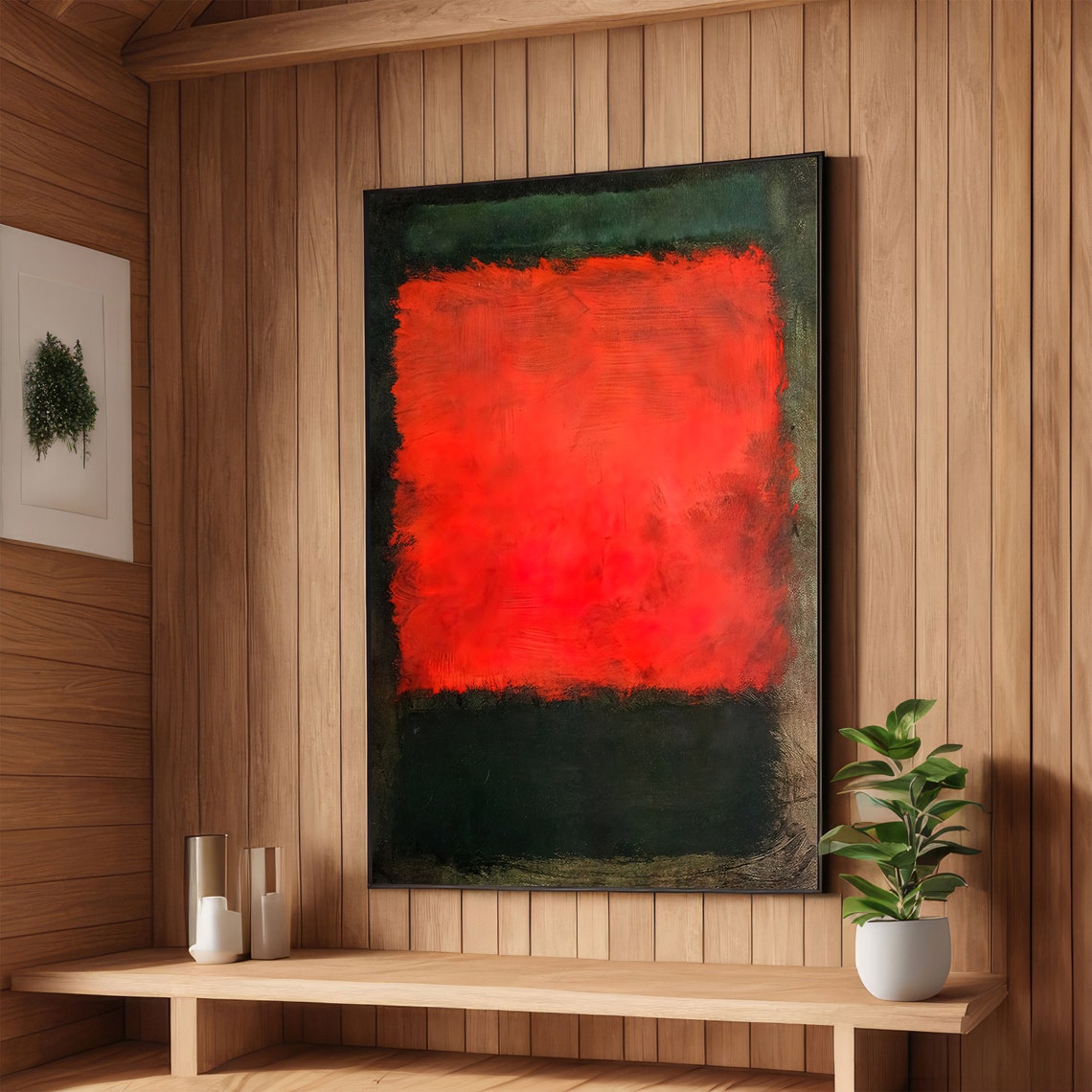 Fiery Red on Deep Green Abstract Poster in Rothko Color Field Style