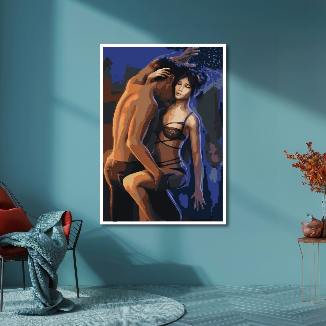 Passionate Couple Embrace Under Moonlight Romantic Art Poster - Image 6