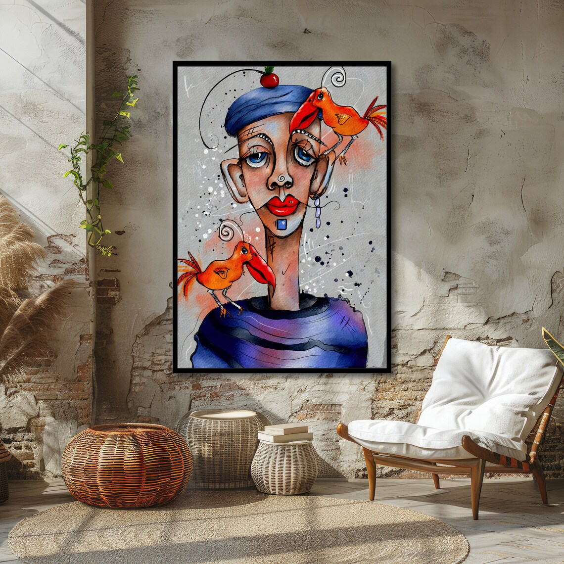Whimsical Woman in Blue Hat with Cherry and Orange Birds Art Poster - Image 2