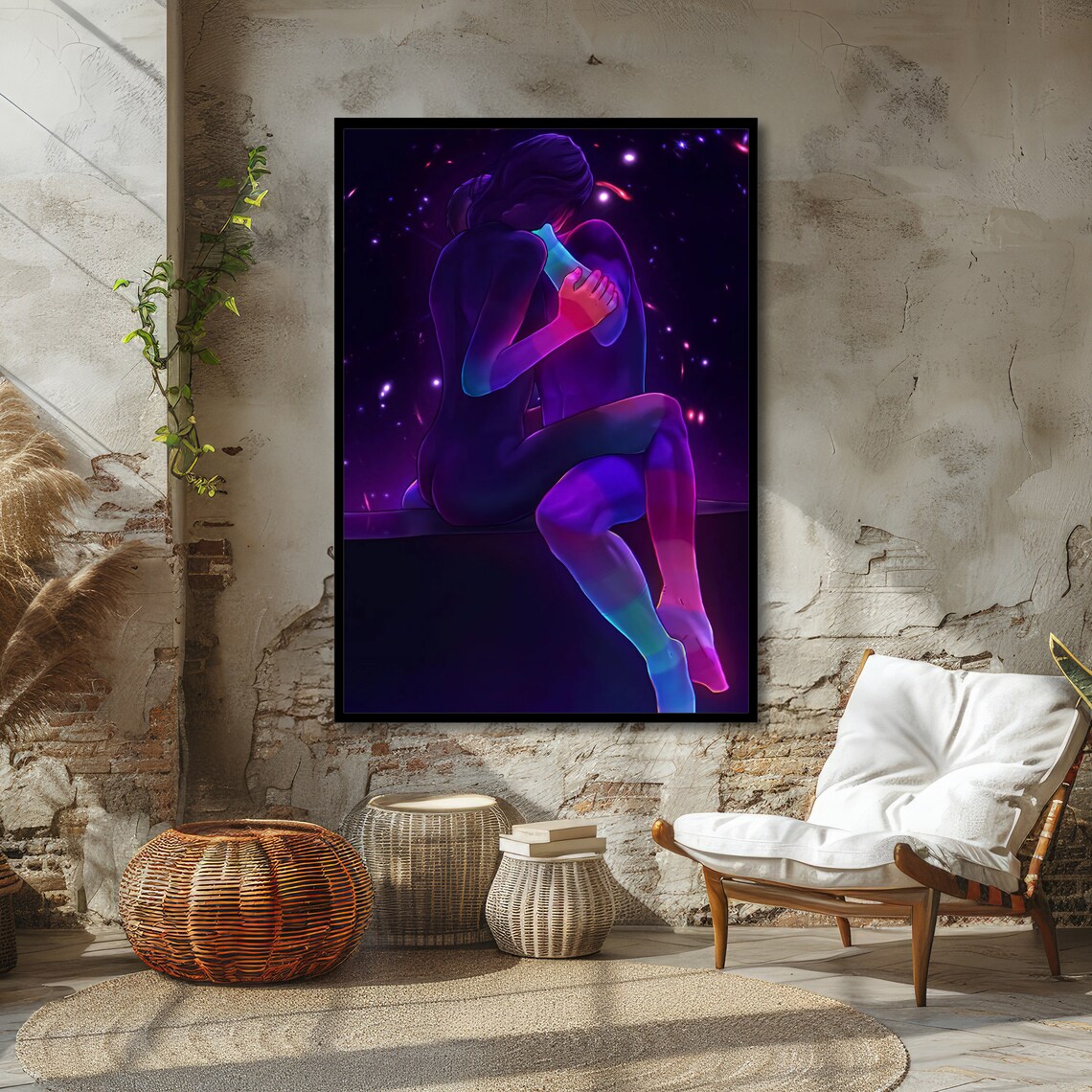 Neon Couple Embrace Under Starry Night Blue Purple Art Poster - Image 4