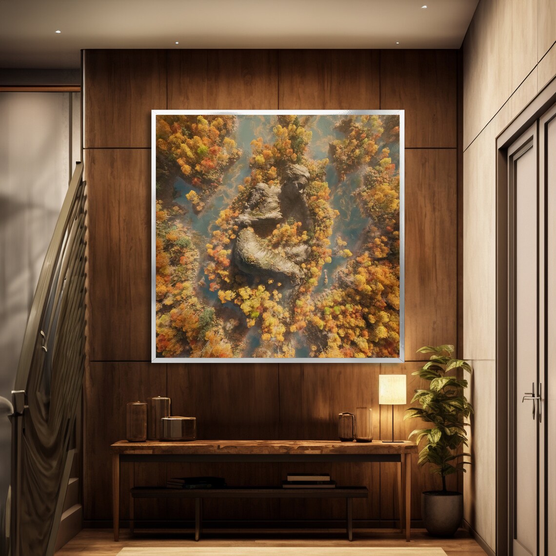 Aerial Autumn Forest Rock Formation Golden Canopy Art Poster - Image 3