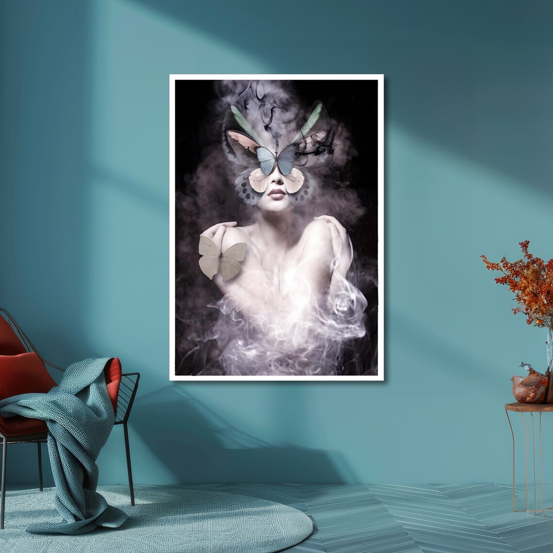 Ethereal Woman Butterfly Mask Smoke Surreal Portrait Art Poster - Image 6