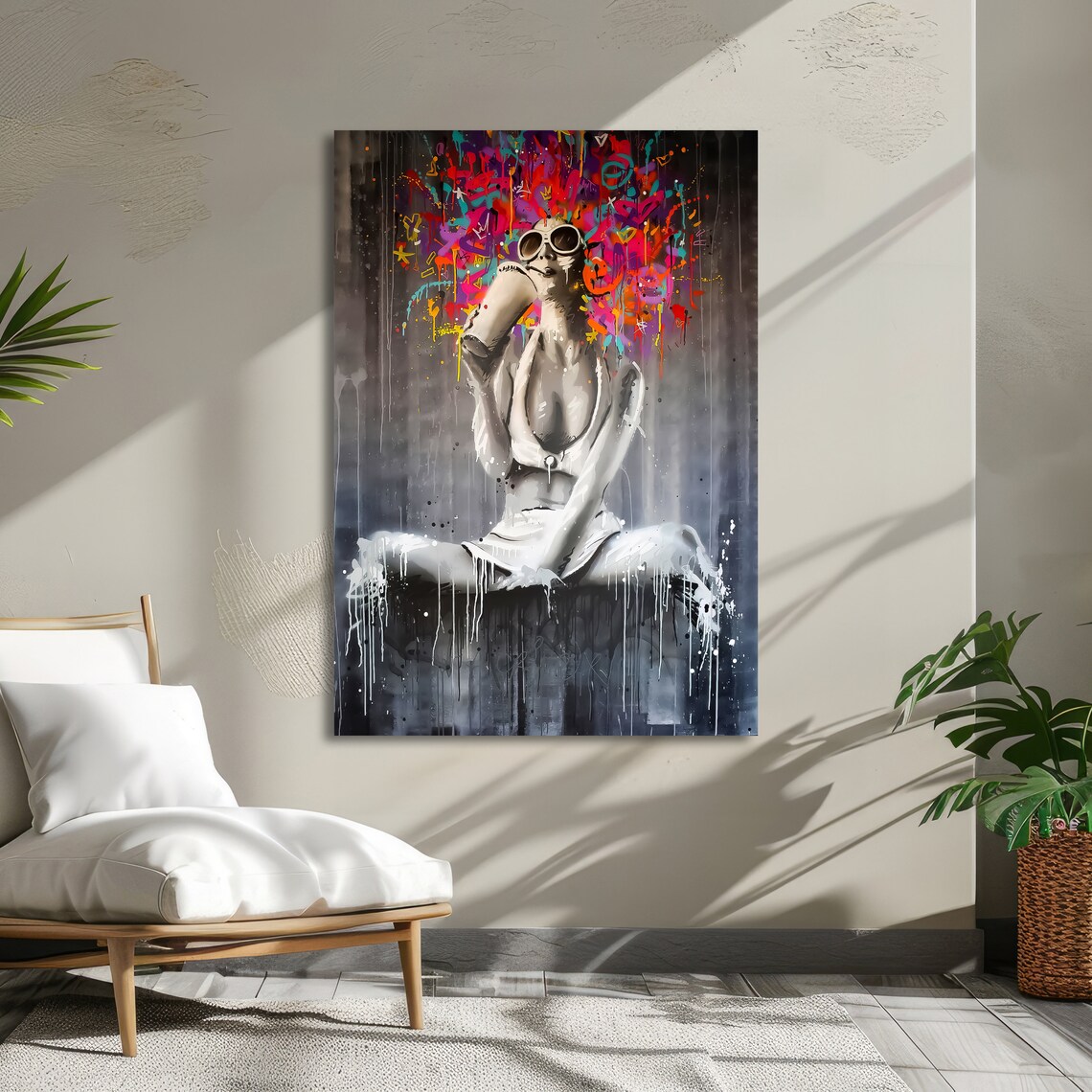 Vibrant Graffiti Woman Holding Spray Can with Colorful Halo Art Poster - Image 5
