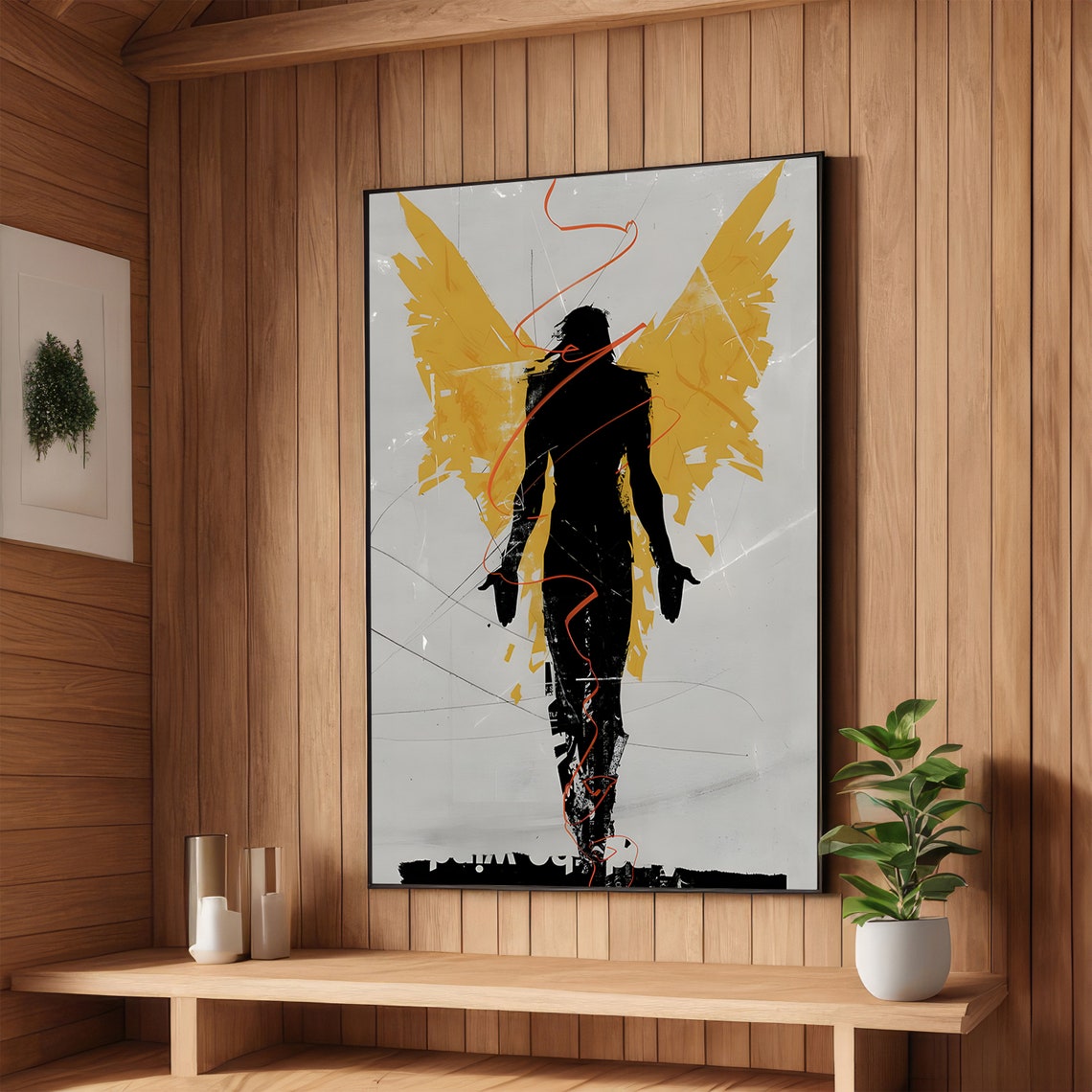 Black Angel Silhouette Golden Yellow Wings Abstract Minimal Poster