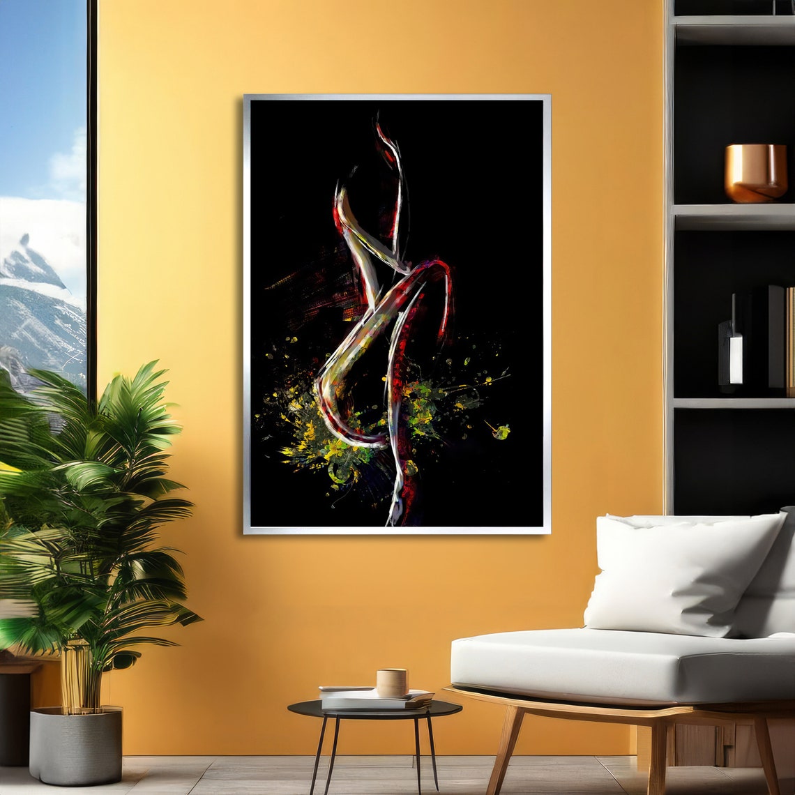 Vivid Abstract Dancer Silhouette with Colorful Streaks on Black Poster - Image 2