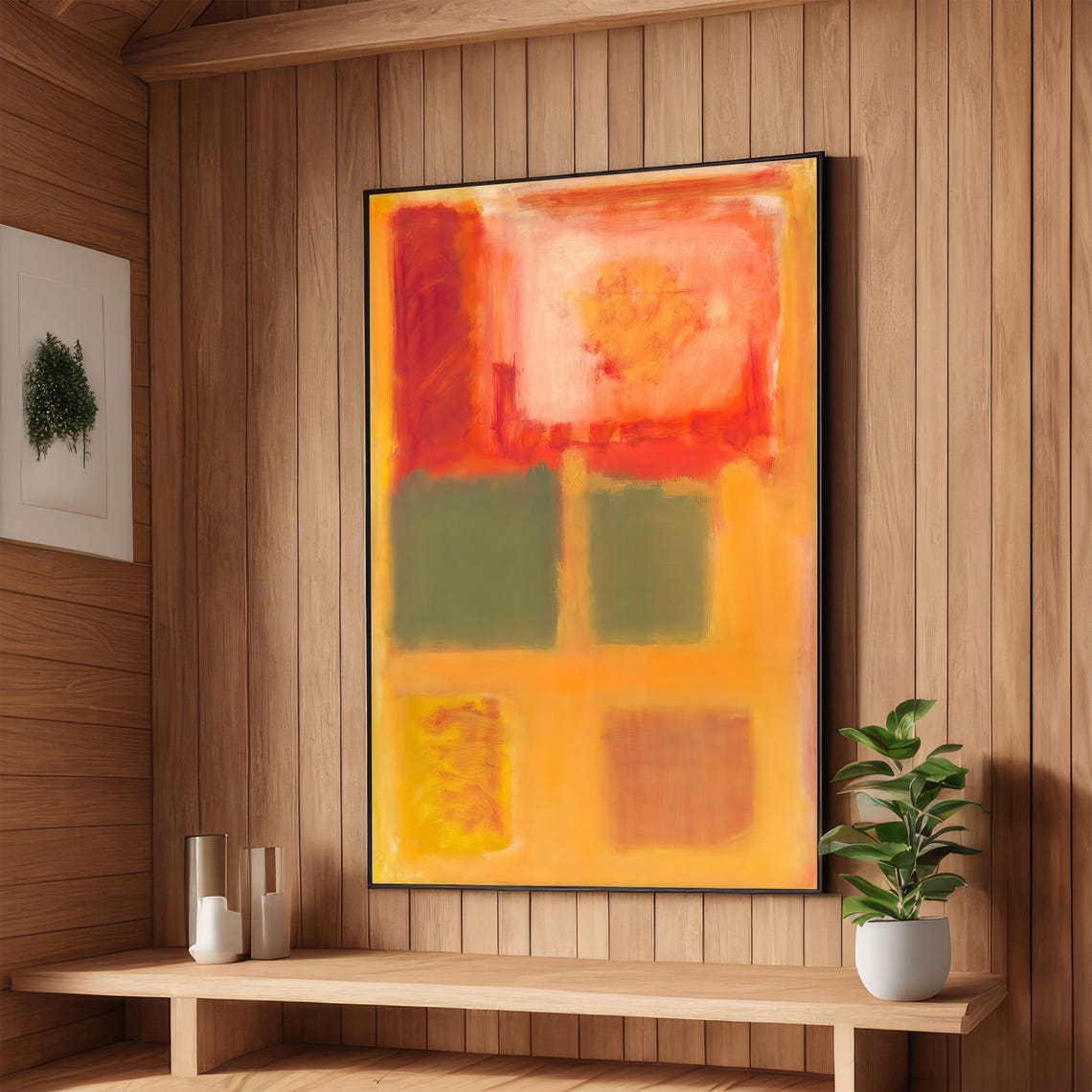 Bold Red Orange and Green Color Fields Modern Abstract Art Poster