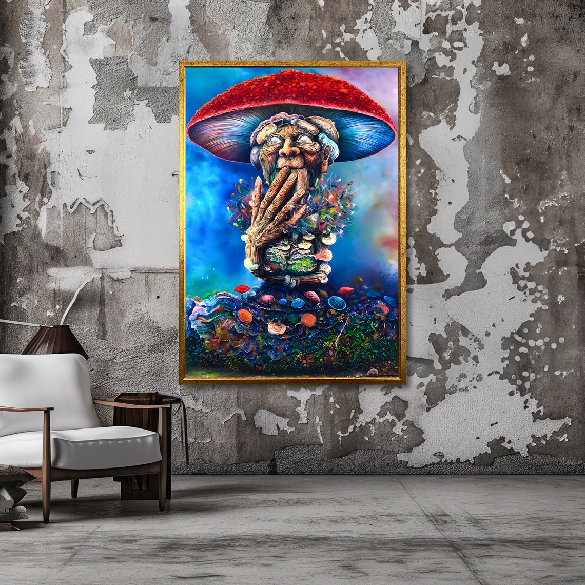 Surreal Red Mushroom Man Psychedelic Fantasy Vibrant Art Poster - Image 3