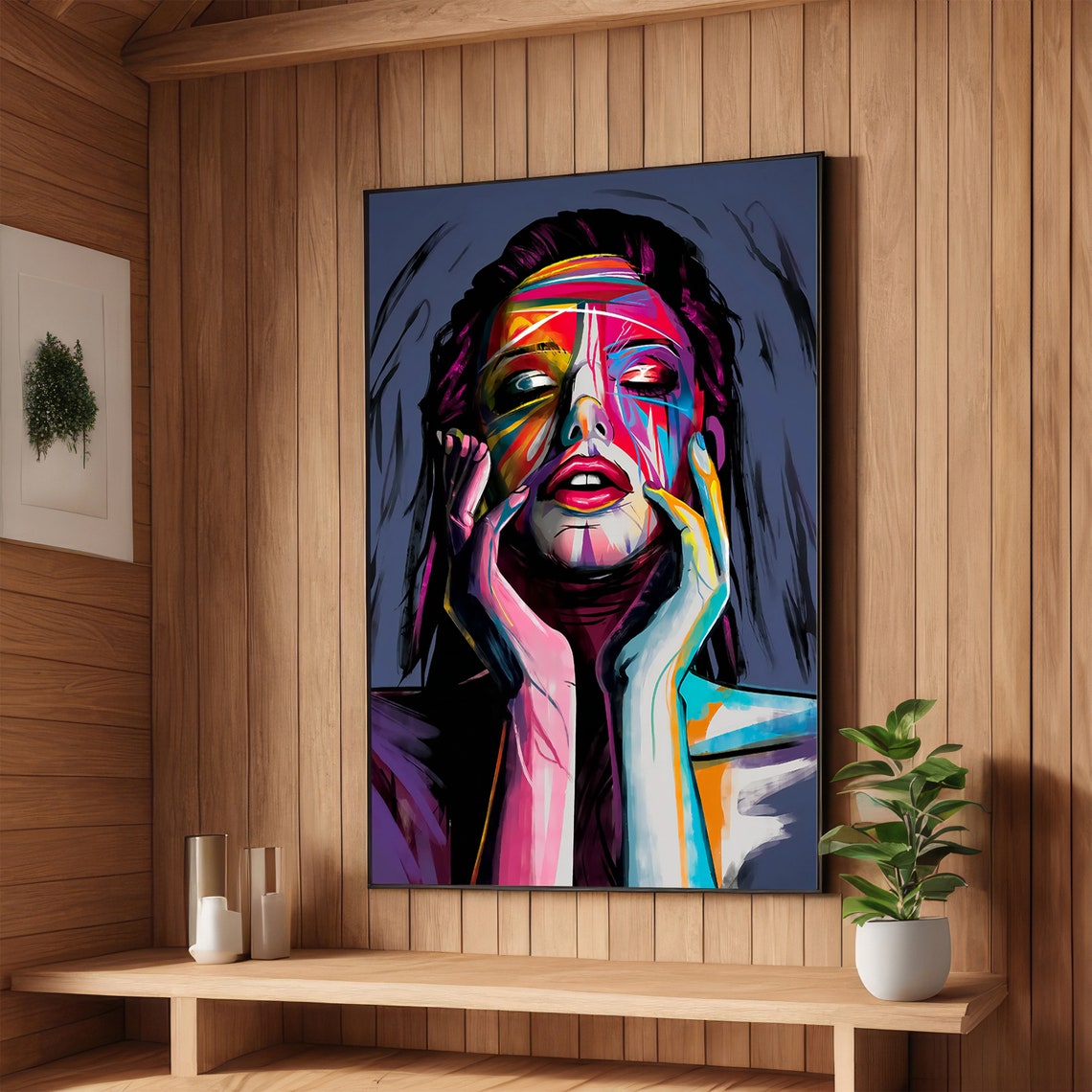 Colorful Abstract Woman Portrait Neon Expressionist Art Poster